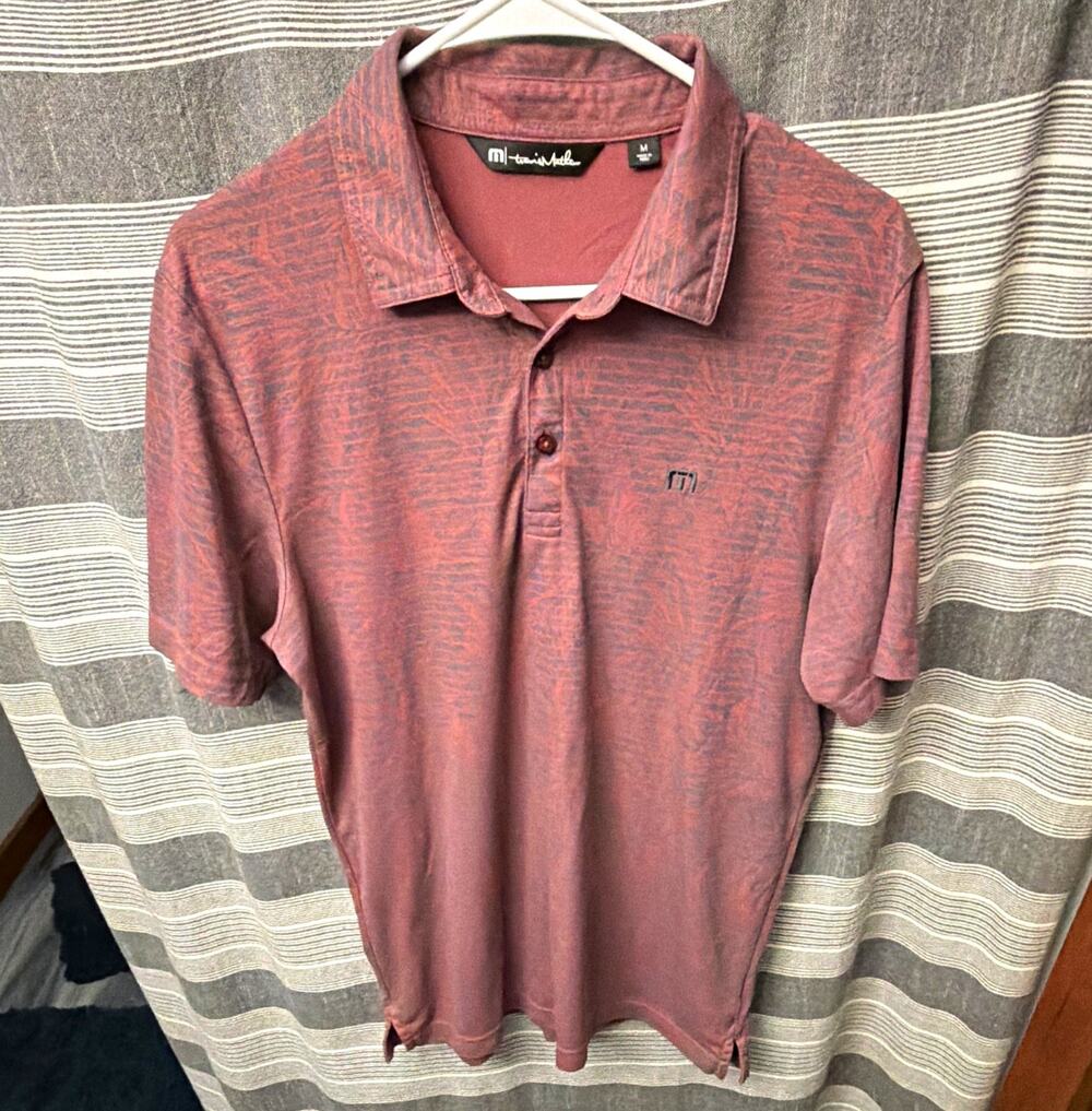 TravisMathew Men's Short Sleeve Polo Shirt Red Gray Abstract Logo M Reg